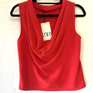 Zara Women's Size SM Red Sleeveless Cowl Neck Cropped Knit Top Date Night NWT